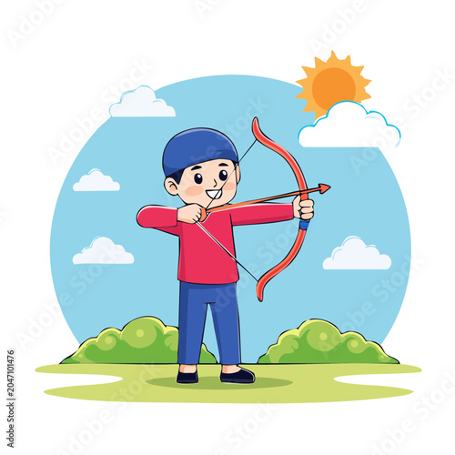 Cartoon boy aiming a bow and arrow outdoors