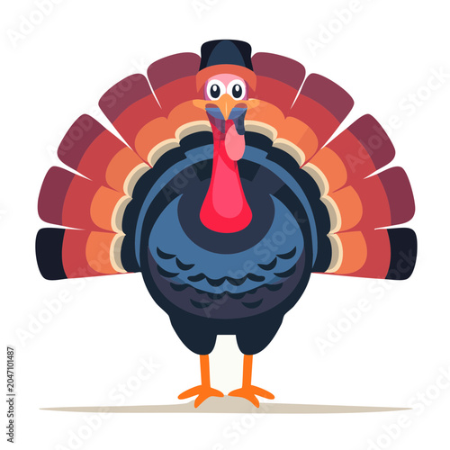 Cartoon Turkey wearing a Pilgrim hat, flat design