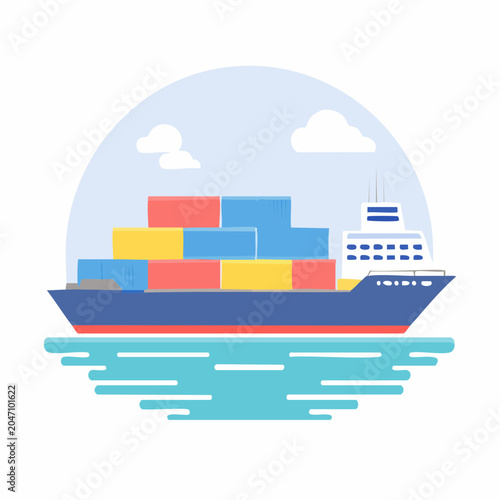 Flat design illustration of a container ship on the sea