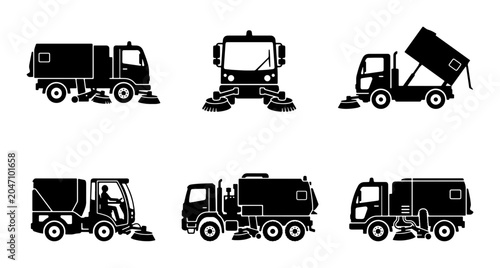 Obraz na płótnie Street Sweeper Truck Icons, Municipal Cleaning Vehicle Silhouettes, Urban Mainte