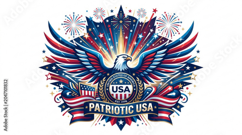 Vibrant patriotic eagle emblem celebrating american independence with fiery fireworks
