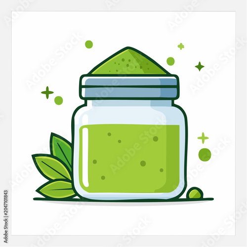 Jar of matcha powder with green tea leaves