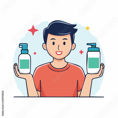 Man holding two bottles of liquid soap or lotion