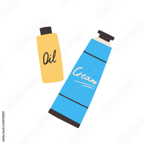 Moisturizing cream and oil. Cosmetics in tube and bottle packagings. Sunscree...