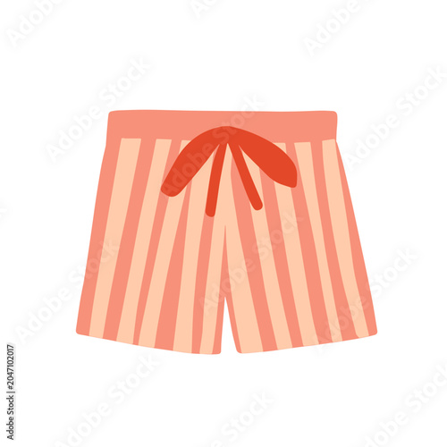 Beach shorts with striped print and drawstrings. Summer holiday trunks, vacat...