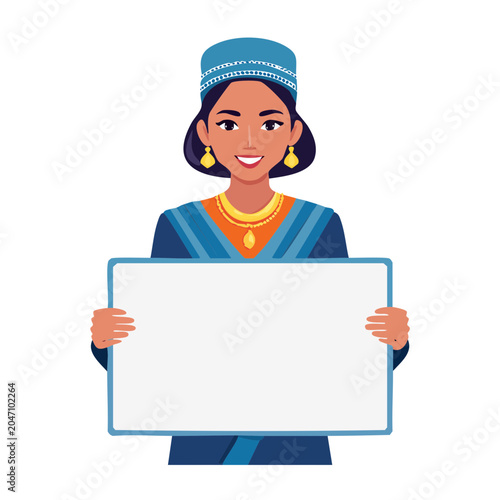 Woman in traditional blue attire holding a blank sign