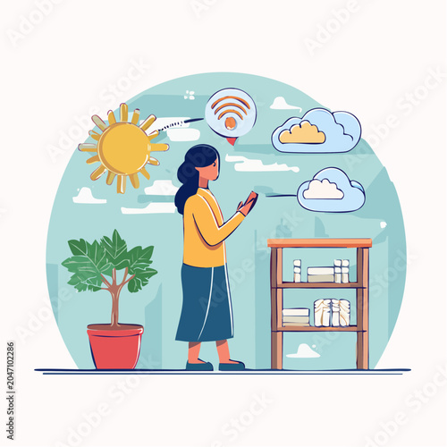 Woman using smartphone with weather and connectivity icons
