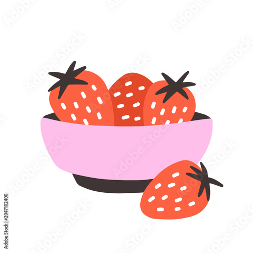 Strawberries, fresh red berries in bowl. Sweet ripe garden fruits. Healthy su...