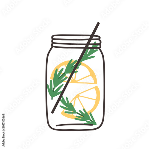Summer lemonade, refreshing drink in jar. Cold beverage with lemon slices, ro...