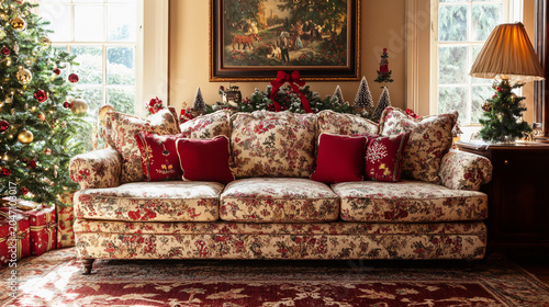 Cozy living room with floral patterned sofa and christmas tree decorations interior design home decor living space christmas interior decoration