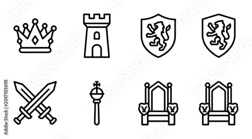 Fotografia Royal Icons Set: Crown, Castle, Shields, Swords, Scepter, Throne, Medieval Symbo