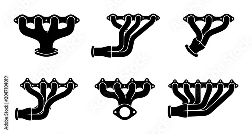 Foto Exhaust Manifold Icons, Automotive Engine Parts Set, Vehicle Component Silhouett
