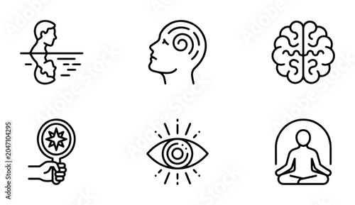 Tableau sur toile Mindfulness Icons Set, Meditation, Brain, Psychology, Awareness, Human Head, Vis