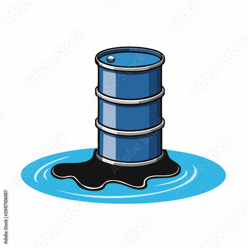 Blue Oil Barrel Leaking Black Crude Oil into Blue Water