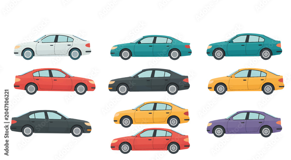 Fototapeta premium Vehicles Displayed in Various Colors Sideways