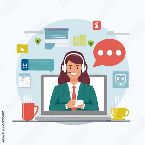 Customer Service Representative with Headset and Laptop