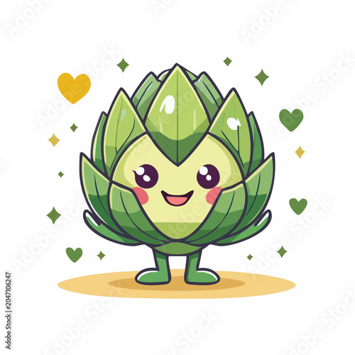 Cute Kawaii Artichoke Character with Hearts and Sparkles