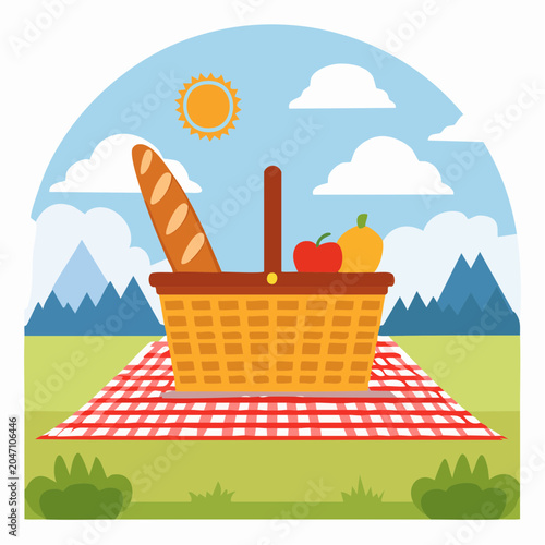 Picnic Basket with Food on a Blanket in a Scenic Landscape