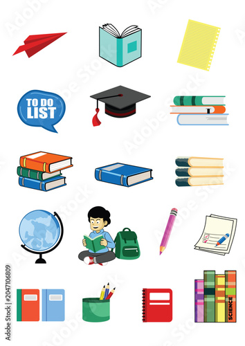 Set of back to school icons and education library elements including books, graduation cap, globe, and reading student, isolated on white background for learning and study design