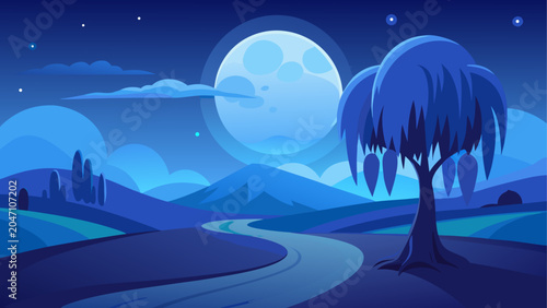 Foto A lone wanderer gazes at the glowing moon over a mysterious landscape