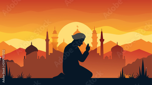 Bild auf Leinwand A lone figure prays under the glow of a setting desert sun