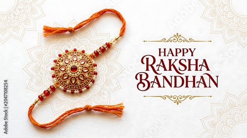 Happy raksha bandhan traditional indian rakhi thread with ornate gold and red beads