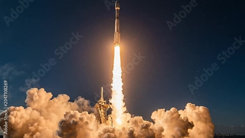 Rocket launch into the night sky.