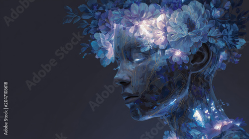 glowing inner light, abstract human head with blooming flowers symbolizing healing