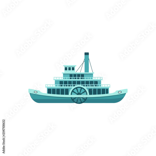 Tableau sur toile Blue paddle steamer vector illustration, a classic riverboat design on a white b