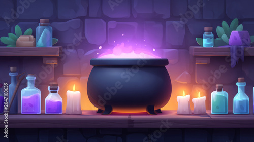 Witch’s lair background with bubbling cauldron, potion shelves, and glowing magical runes