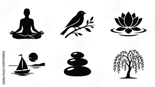 Photography Zen Icons: Meditation, Bird, Lotus, Sailboat, Stones, Tree, Vector Graphics for