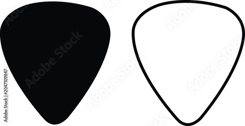 Foto Black guitar pick silhouette and outline on white background plectrum music