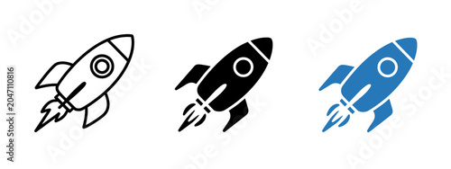 Rocket Launch and Startup Icon Set Outline Solid Black and Blue Vector Spaceship Symbols