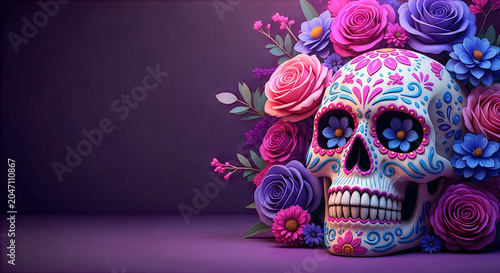 Colorful sugar skull surrounded by vibrant roses and flowers on a dark purple background