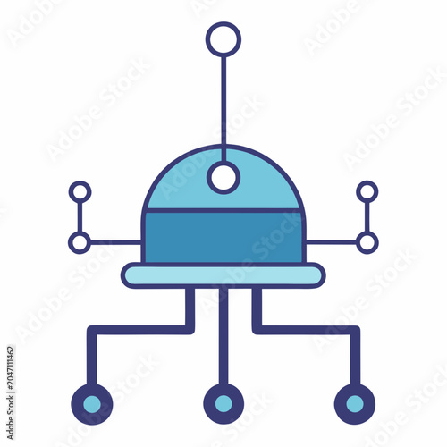 Autonomous robot command hub illustration in flat style with interconnected nodes and central control unit