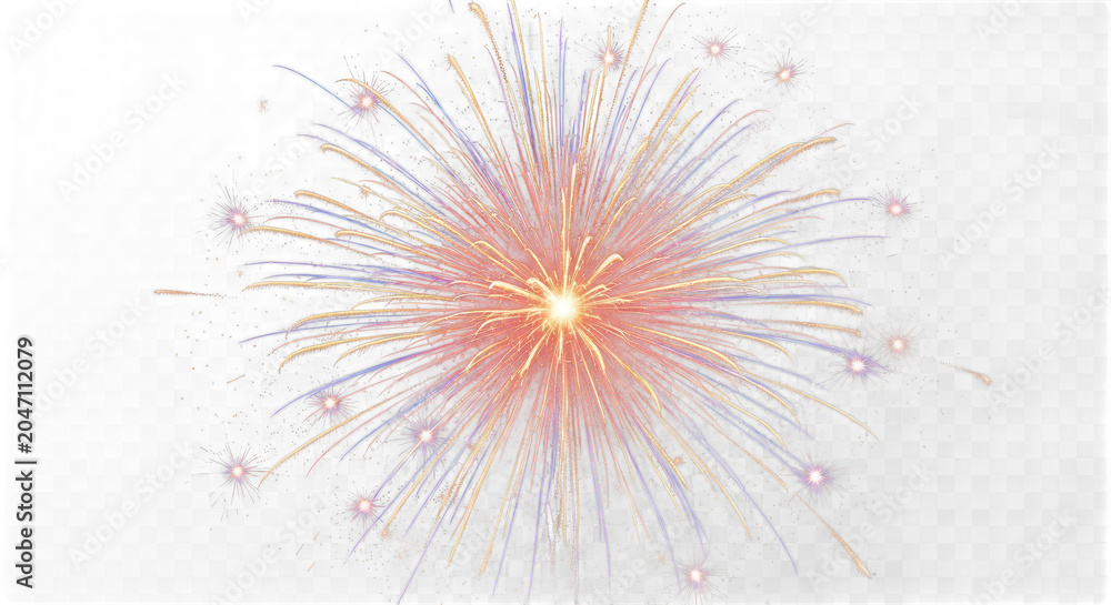 Obraz premium Vibrant firework explosion with radiating streaks of red, orange, and blue light against a dark transparent checkerboard background