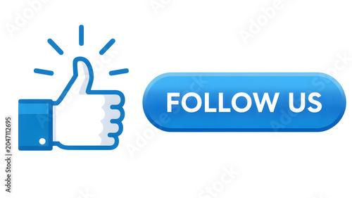 Hand Giving Thumbs Up Gesture with Follow Us Call to Action on Blue Button
