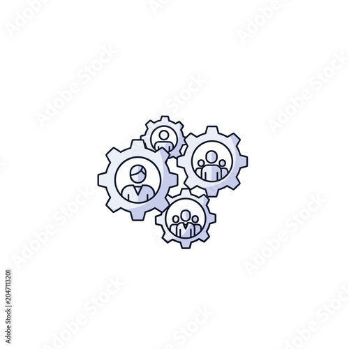 Interlocking gears with people groups representing organizational structure.