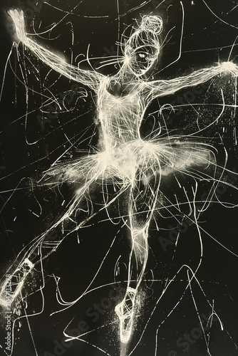 Abstract drawing of a ballerina with light scratches around her. Ballerina dancing with a lot of energy on a black background. Light sparkles around a dancer
