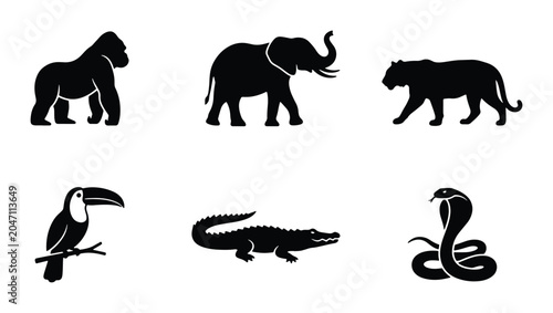 Photography African Wildlife Silhouette Icons: Gorilla, Elephant, Tiger, Toucan, Crocodile,