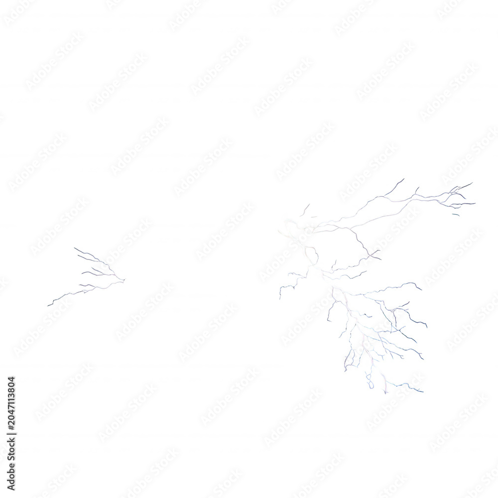 Obraz premium White lightning bolt strike isolated on a solid black background, featuring jagged electrical discharge branches and bright glowing