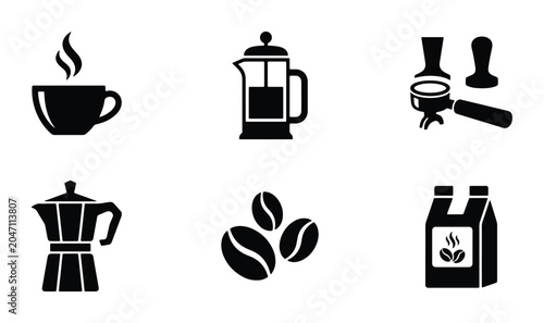 Quadro su tela Coffee Icons Set: Espresso Machine, French Press, Beans, Cup, Bag, Tamper, Vecto