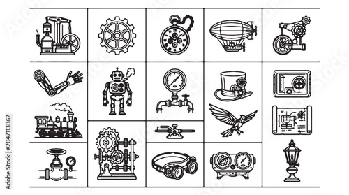 Cuadro en lienzo Steampunk icons, 20 vintage elements, black and white illustrations, industrial