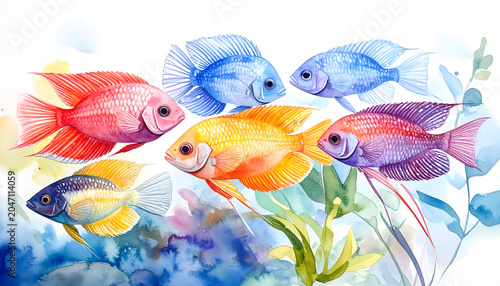 Gouramis and labyrinth fish with detailed threadlike ventral fins displaying a balanced soft colorful tropical aquarium breeding watercolor painting atmosphere generative AI