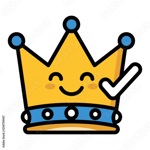 Cute Crown Character Vector Icon with Verified Check Mark Badge Happy King Queen Tiara Graphic for VIP Premium Membership

