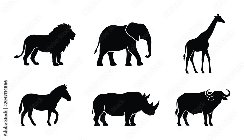 Fototapeta premium African Wildlife Silhouettes: Lion, Elephant, Giraffe, Zebra, Rhino, Buffalo Vector Icons