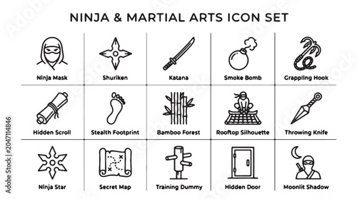 Фотография Ninja icons, martial arts symbols, vector icon set, 20 elements