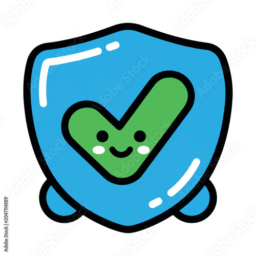 Cute Security Shield Vector Icon with Green Check Mark Character Happy Safe Protection Emblem for Cyber Security UI
