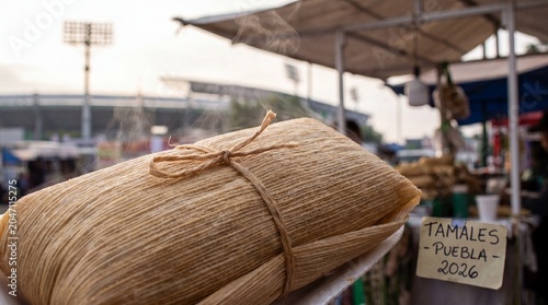 Steaming tamale in corn husk wrapper at street food stall