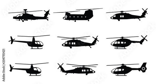 Schilderij op canvas Helicopter Silhouettes Collection: Military, Transport, and Attack Aircraft Icon